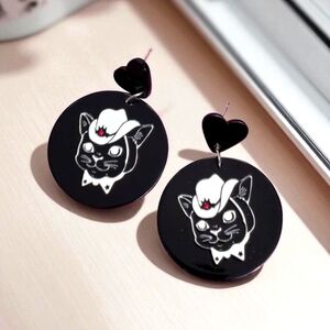 Black Cat Wearing Cowboy Hat  Earrings Sterling Silver 925 with Heart Accents